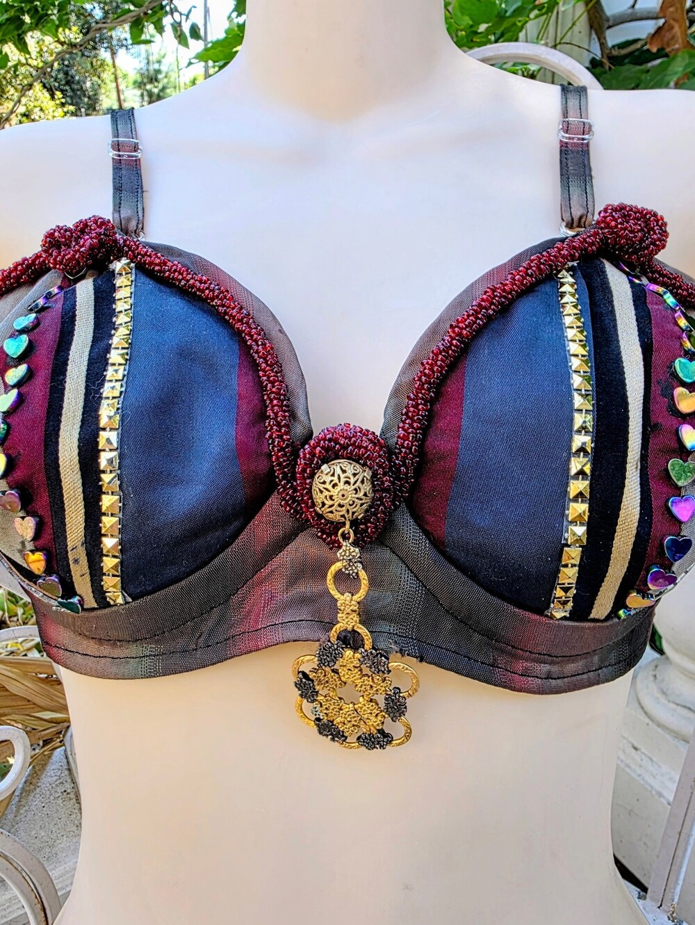 Women's vintage Embellished Burgundy & Black Festival Bra - Picture 3 of 5